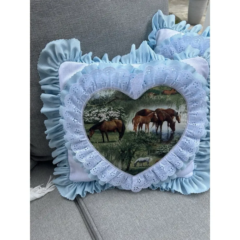 2 Vintage Ruffled Horse Throw Pillows Equestrian Pony Western 12